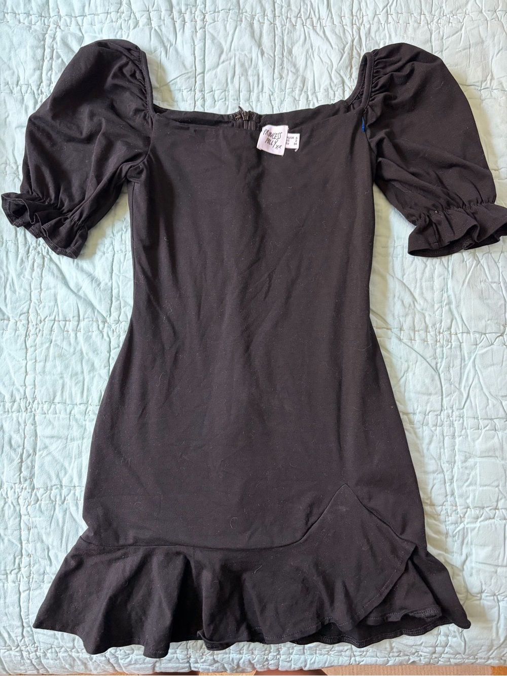 Princess Polly Black Puff Sleeve Ruffle-Hem Mini Dress